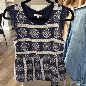 Skies are Blue Navy and White Embroidered Blouse